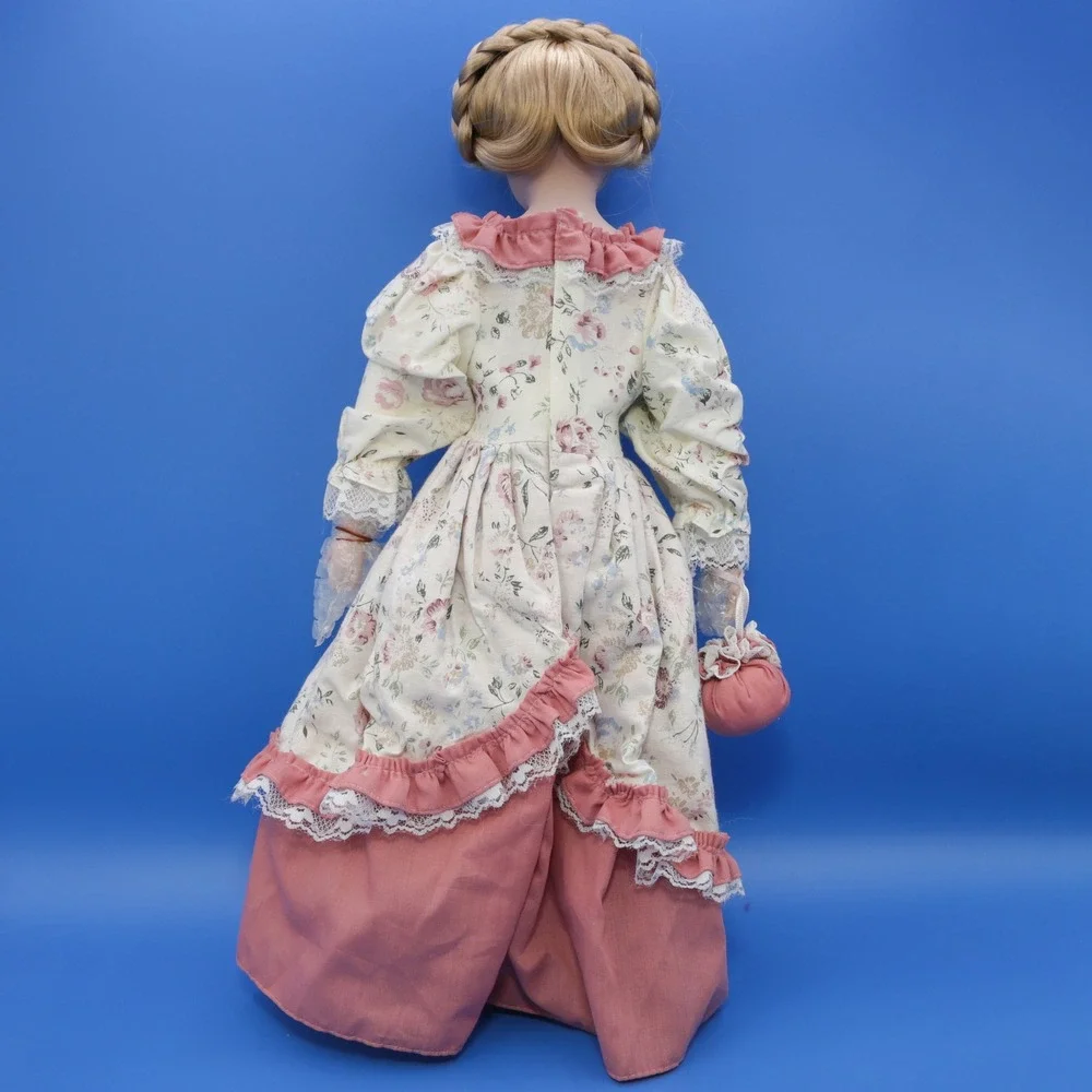 Porcelain Doll 18 Inch Pink Floral Victorian Gown Excellent Vintage